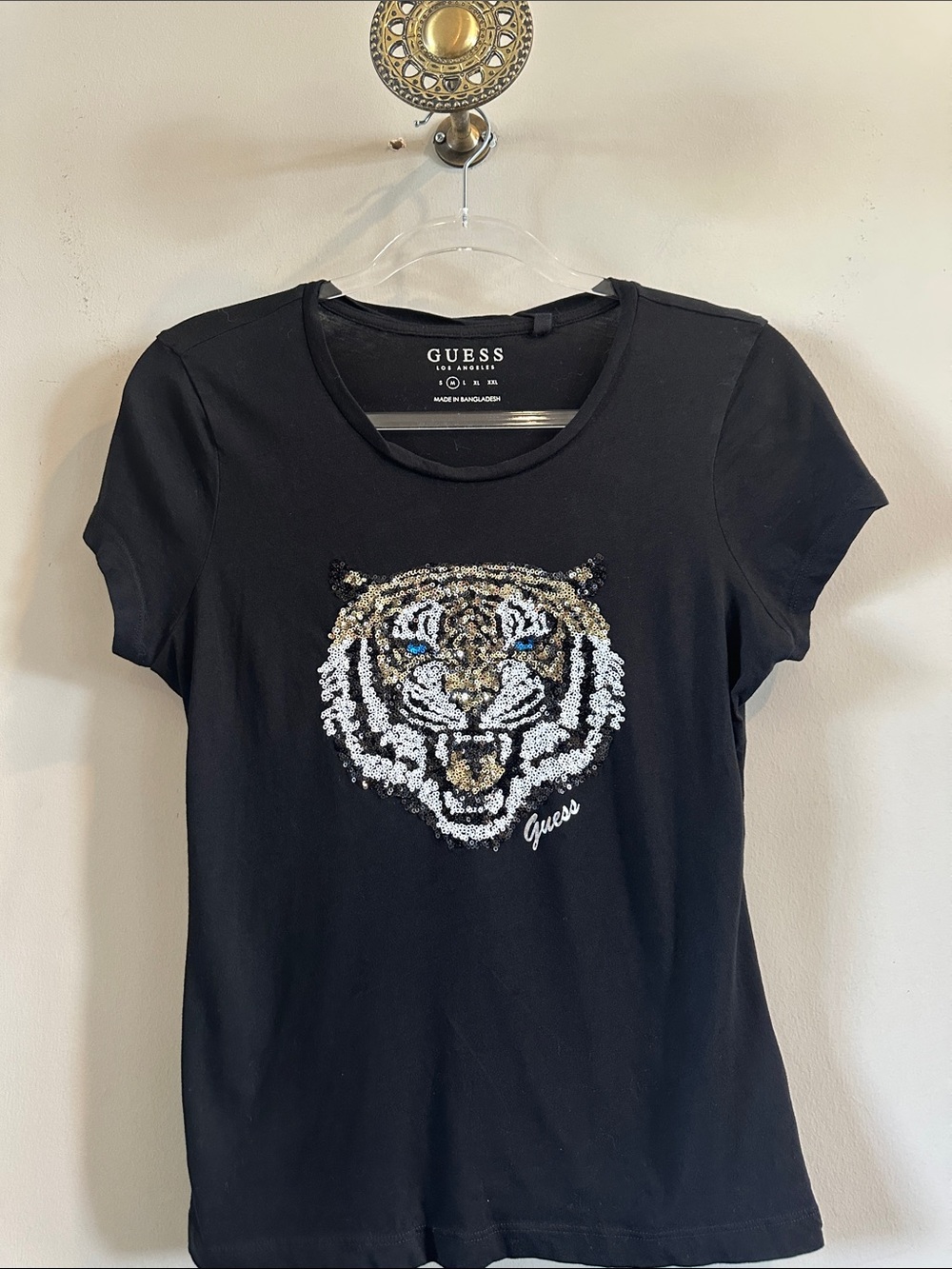 GUESS Black Short Sleeve Tee with Sequin Tiger Graphic